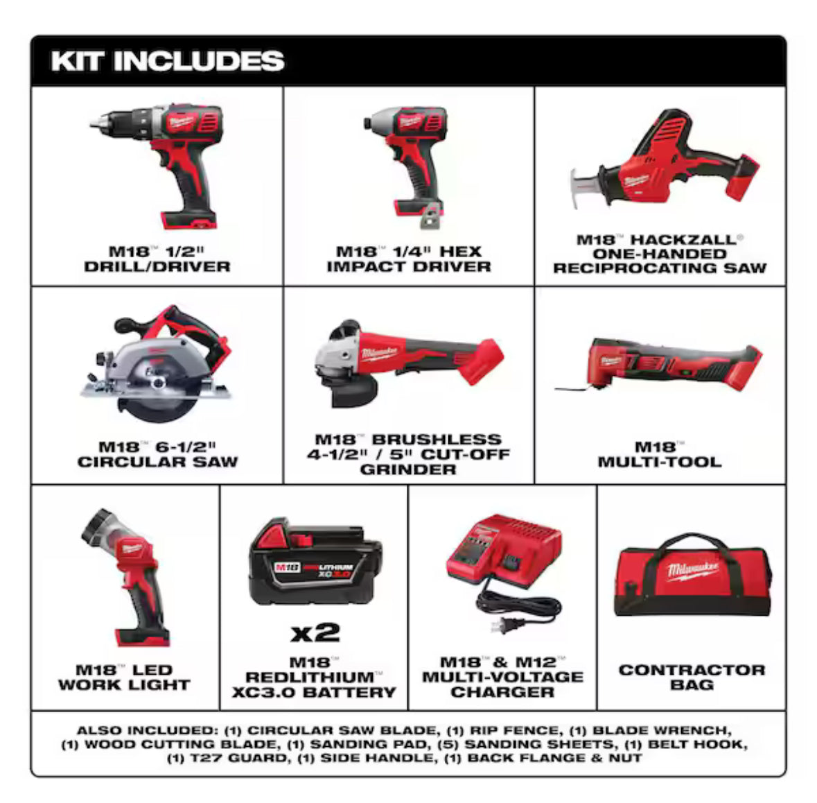 M18 18-Volt Lithium-Ion Cordless Combo Kit 7-Tool with 2-Batteries, Charger and Tool Bag
