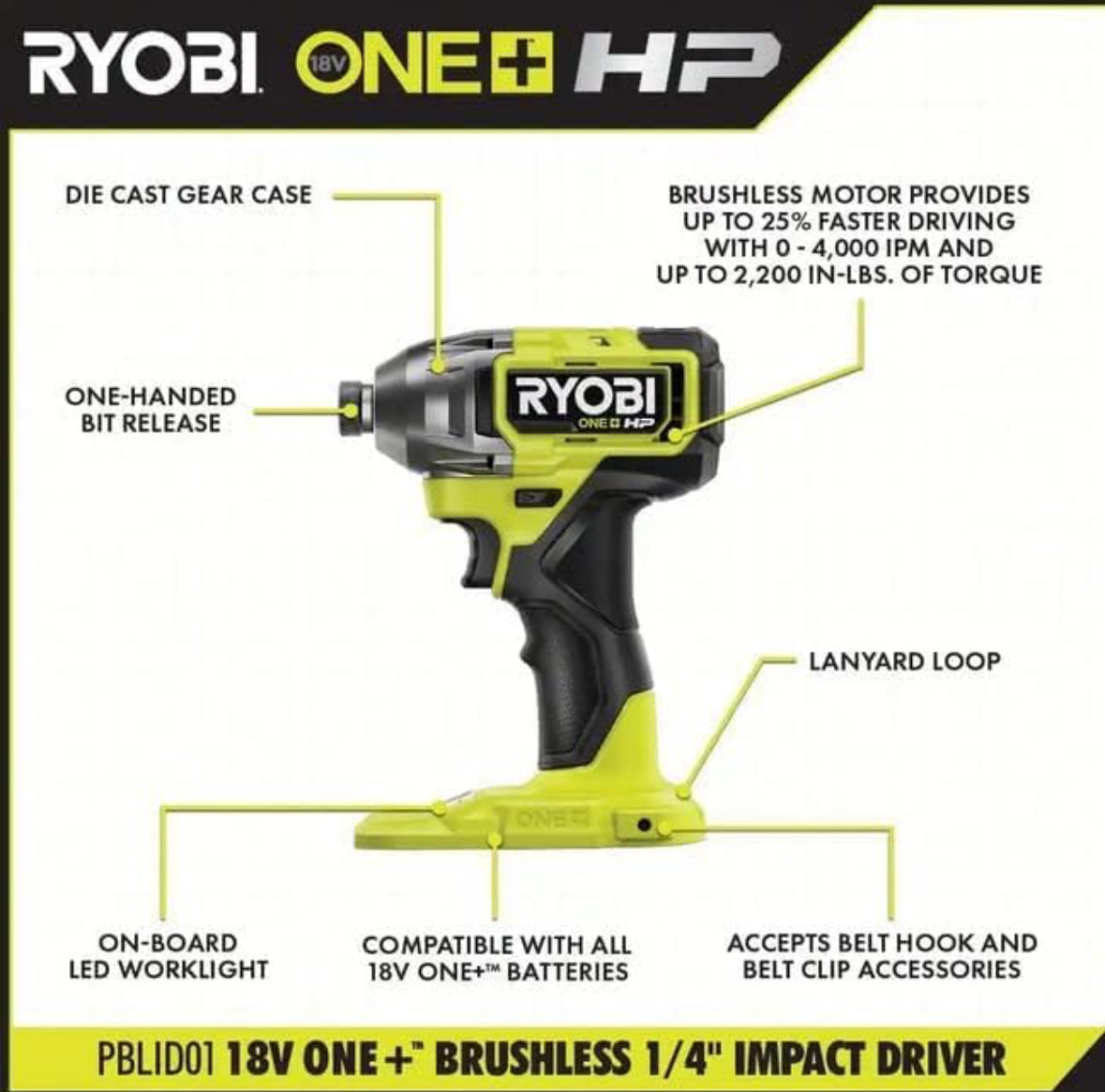 RYOBI ONE+ HP 18V Brushless Cordless 1/4 in. Impact Driver (Tool Only)