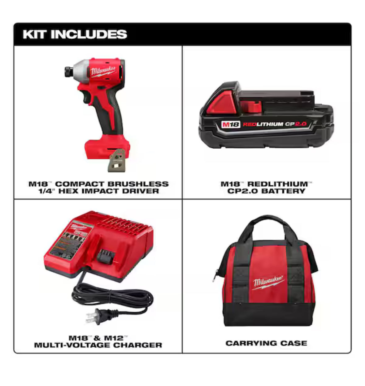 Kit de atornillador de impacto inalámbrico compacto M18 de 18 voltios, sin escobillas y con batería de iones de litio de 1/4 pulg. con batería de 2.0 Ah, cargador y bolsa de herramientas