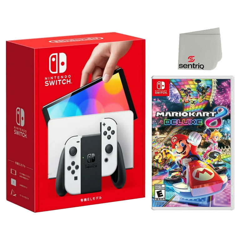 Nintendo Switch OLED White Edition + Mario Kart 8 Deluxe + Sentriq Screen Cleaning Cloth Bundle - Japan Import