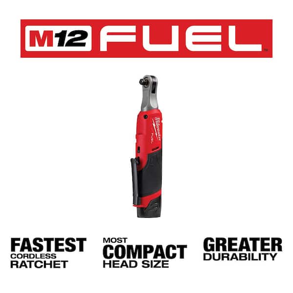 M12 FUEL 12V Lithium-Ion Brushless High Speed 3/8 in. Cordless Ratchet Kit w/(2) Batteries, Charger, Bag& 3/8 in Ratchet