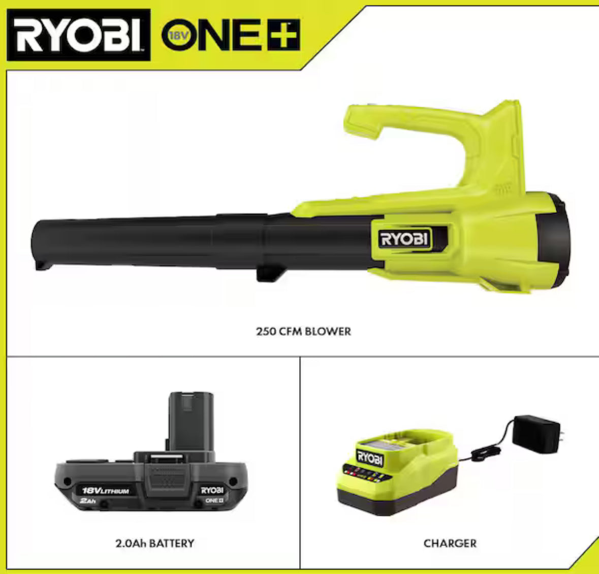 Soplador/barredor de hojas inalámbrico ONE+ de 18 V, 90 MPH y 250 CFM con batería de 2 Ah y cargador