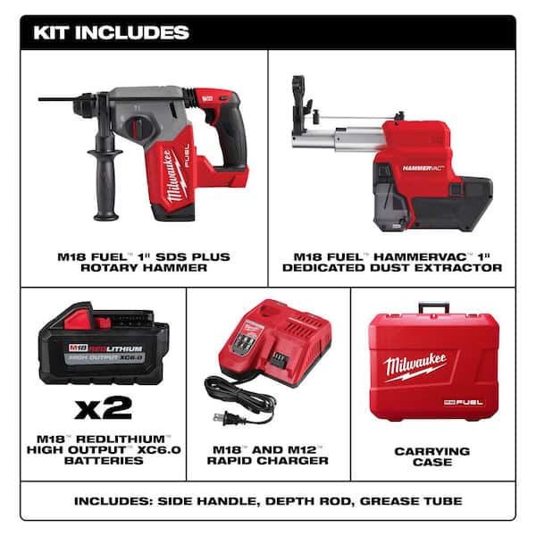 M18 FUEL 18V Lithium-Ion Brushless 1 in. Cordless SDS-Plus Rotary Hammer/Dust Extractor Kit, Two 6.0 Ah Batteries