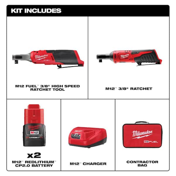 M12 FUEL 12V Lithium-Ion Brushless High Speed 3/8 in. Cordless Ratchet Kit w/(2) Batteries, Charger, Bag& 3/8 in Ratchet