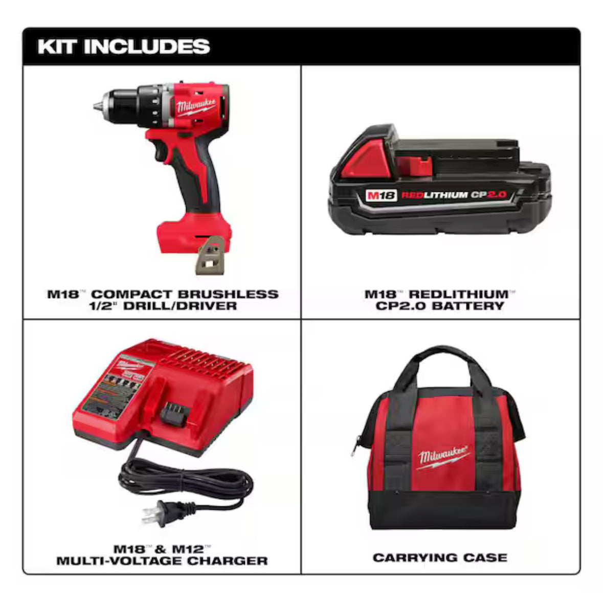 Taladro/atornillador inalámbrico compacto M18 de 18 V con batería de iones de litio, sin escobillas, de 1/2 pulg., con batería de 2.0 Ah, cargador y bolsa de herramientas