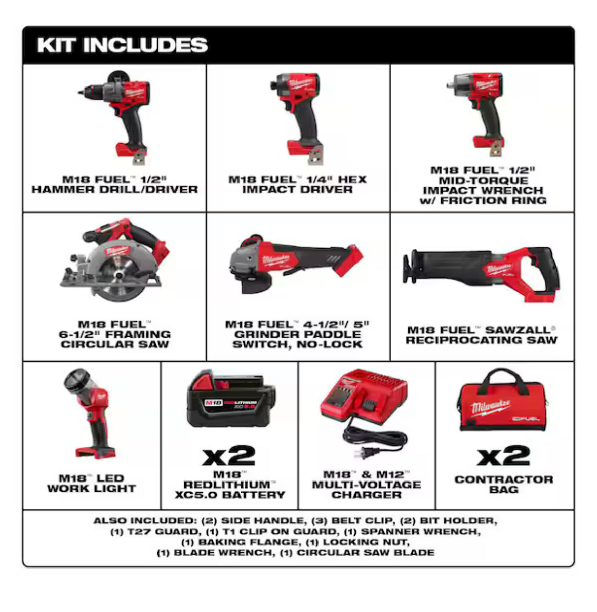 M18 FUEL 18V Lithium-Ion Brushless Cordless Combo Kit with Two 5.0 Ah Batteries, 1 Charger, 2 Tool Bags (7-Tool)