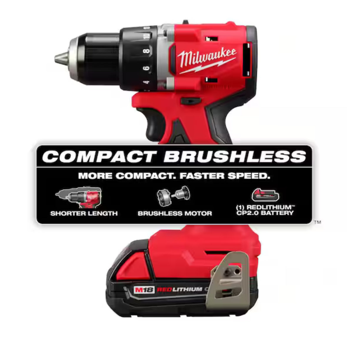 Taladro/atornillador inalámbrico compacto M18 de 18 V con batería de iones de litio, sin escobillas, de 1/2 pulg., con batería de 2.0 Ah, cargador y bolsa de herramientas