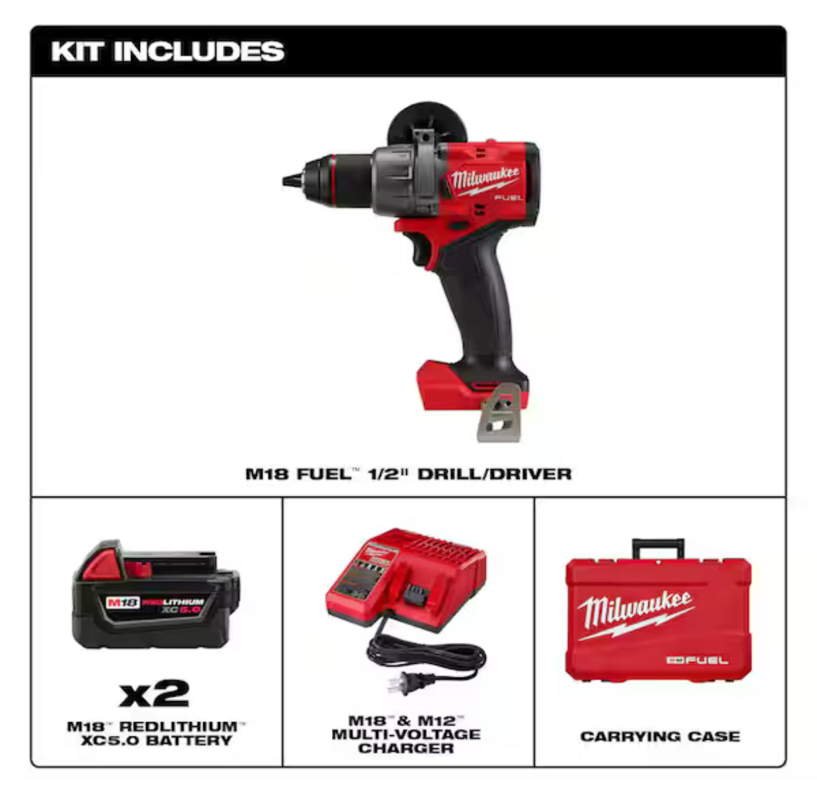 Kit de taladro/atornillador inalámbrico M18 FUEL de 18 V, iones de litio, sin escobillas, de 1/2 pulg. con 3 baterías de 5.0 Ah, cargador y estuche rígido