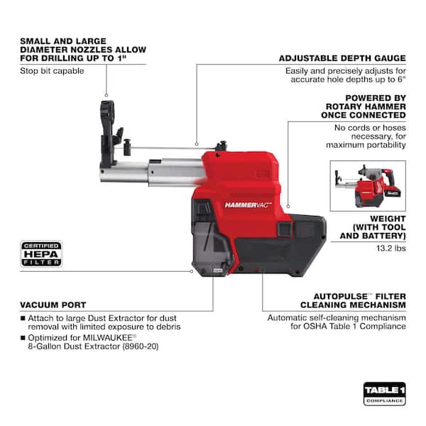 M18 FUEL 18V Lithium-Ion Brushless 1 in. Cordless SDS-Plus Rotary Hammer/Dust Extractor Kit, Two 6.0 Ah Batteries