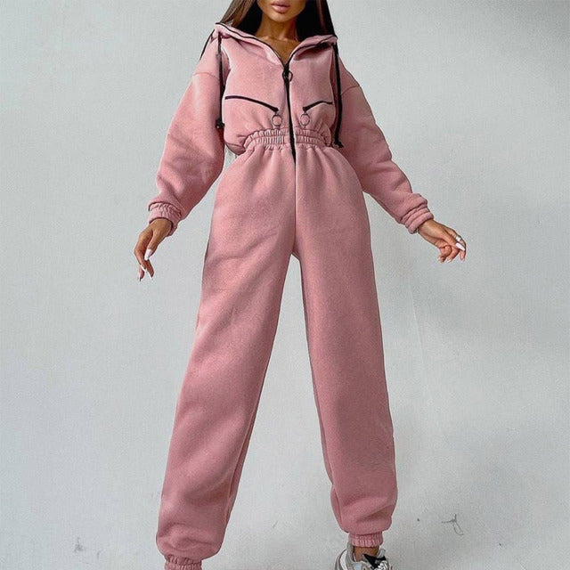 Conjunto de dos piezas con capucha básica informal para mujer, con cremallera y cordón