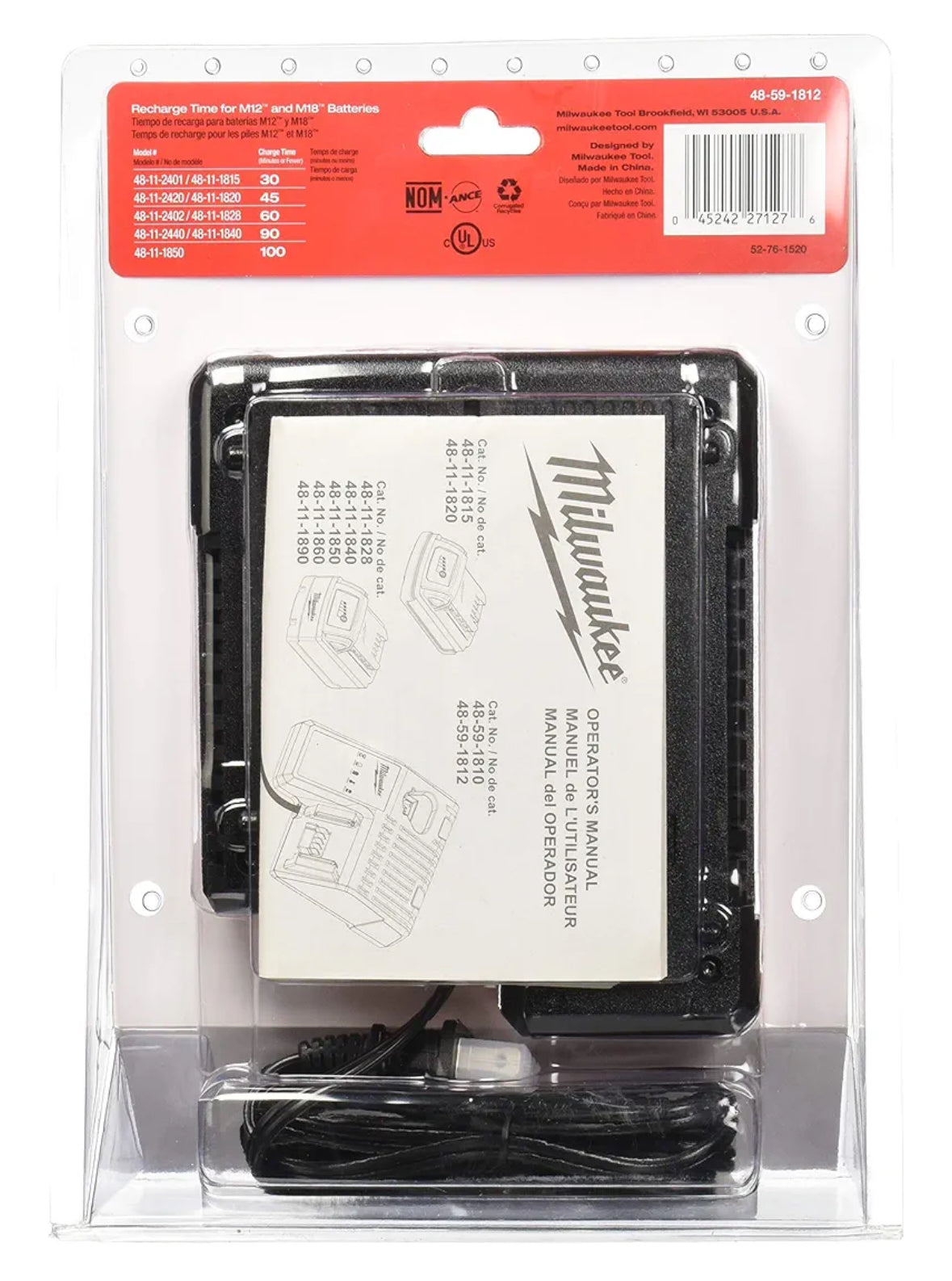Cargador de batería de iones de litio multivoltaje Milwaukee 48-59-1812 M12 o M18 de 18 V y 12 V con indicador de combustible integrado 