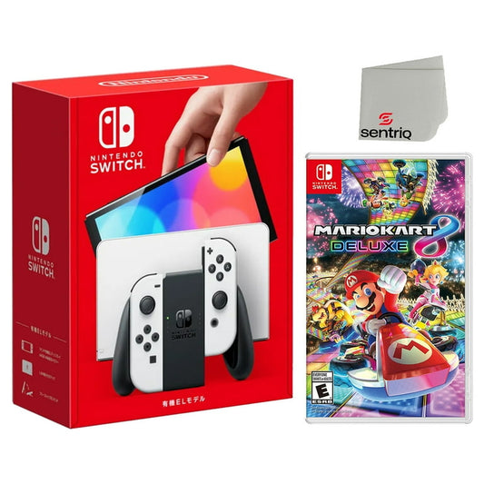 Nintendo Switch OLED White Edition + Mario Kart 8 Deluxe + Sentriq Screen Cleaning Cloth Bundle - Japan Import