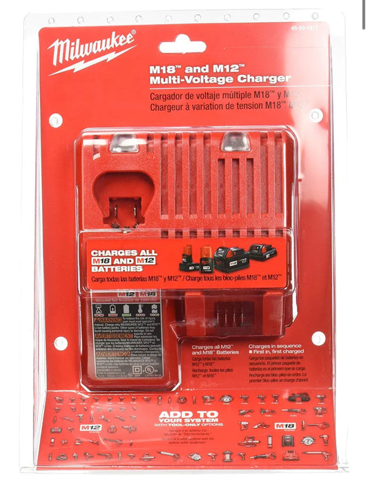 Cargador de batería de iones de litio multivoltaje Milwaukee 48-59-1812 M12 o M18 de 18 V y 12 V con indicador de combustible integrado 