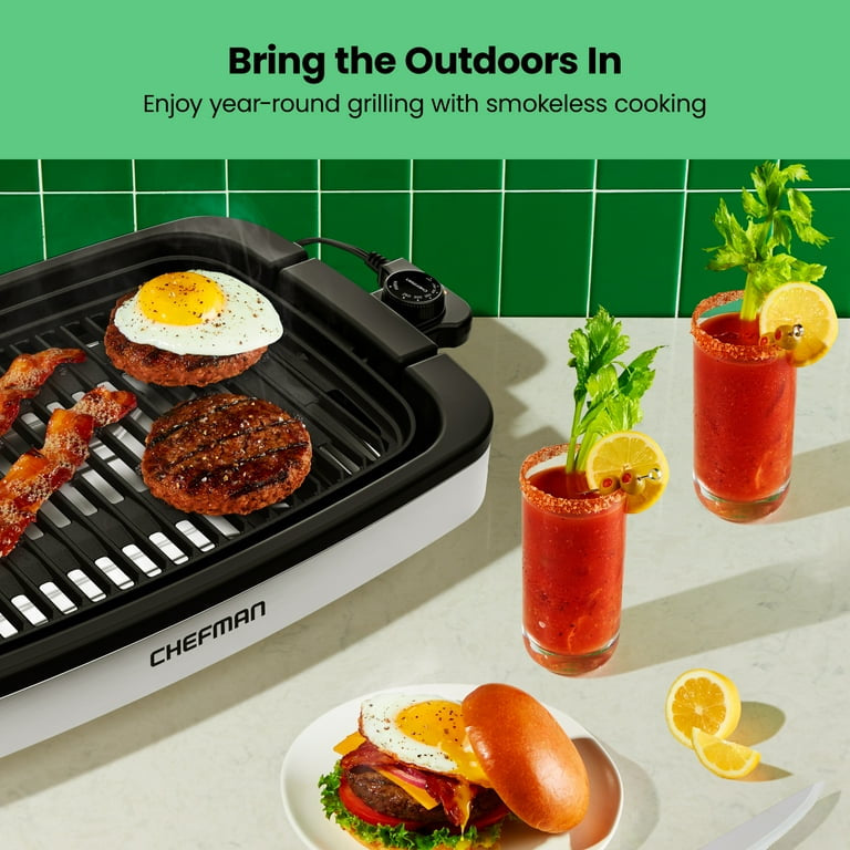 Parrilla eléctrica de interior sin humo Chefman con control de temperatura ajustable, barbacoa de mesa, acero inoxidable, nueva