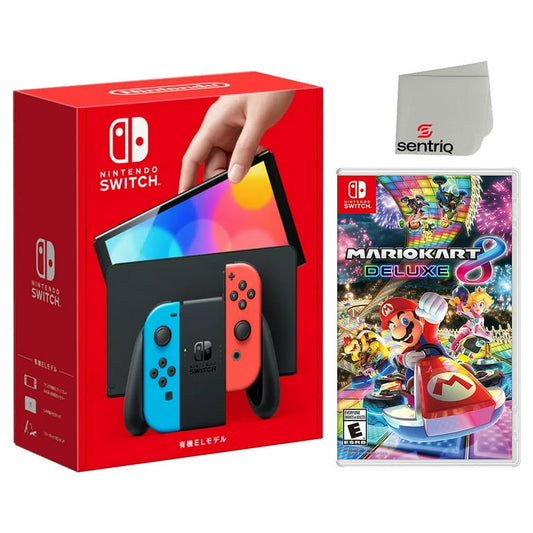 Nintendo Switch OLED Neon Red/Blue Edition + Mario Kart 8 Deluxe + Sentriq Screen Cleaning Cloth Bundle - Japan Import with US
