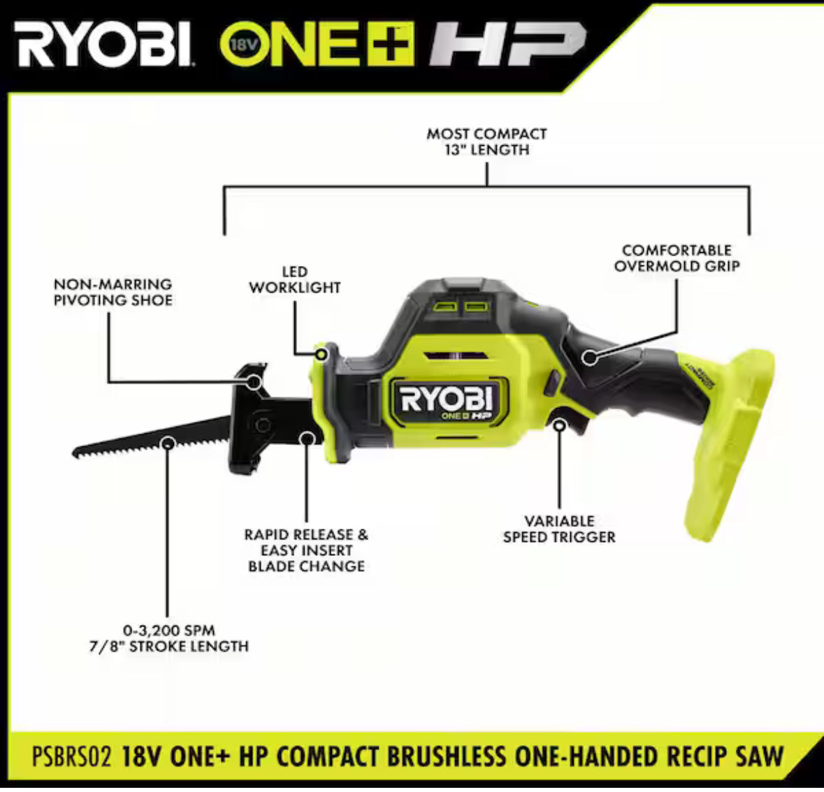 ONE+ HP 18V Brushless Cordless Compact One-Handed Reciprocating Saw Kit with 2.0 Ah Battery and Charger