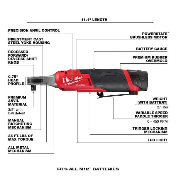 M12 FUEL 12V Lithium-Ion Brushless High Speed 3/8 in. Cordless Ratchet Kit w/(2) Batteries, Charger, Bag& 3/8 in Ratchet