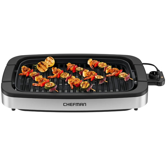 Parrilla eléctrica de interior sin humo Chefman con control de temperatura ajustable, barbacoa de mesa, acero inoxidable, nueva