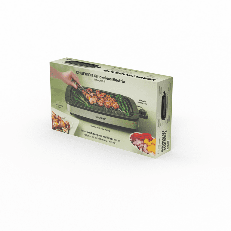 Parrilla eléctrica de interior sin humo Chefman con control de temperatura ajustable, barbacoa de mesa, acero inoxidable, nueva