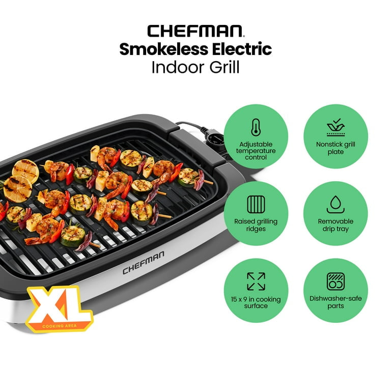 Parrilla eléctrica de interior sin humo Chefman con control de temperatura ajustable, barbacoa de mesa, acero inoxidable, nueva